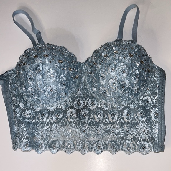 NWT Windsor- Light Blue Sparkle Rhinestone Bustier Corset Longline Bra Top, Sz L - Picture 10 of 15